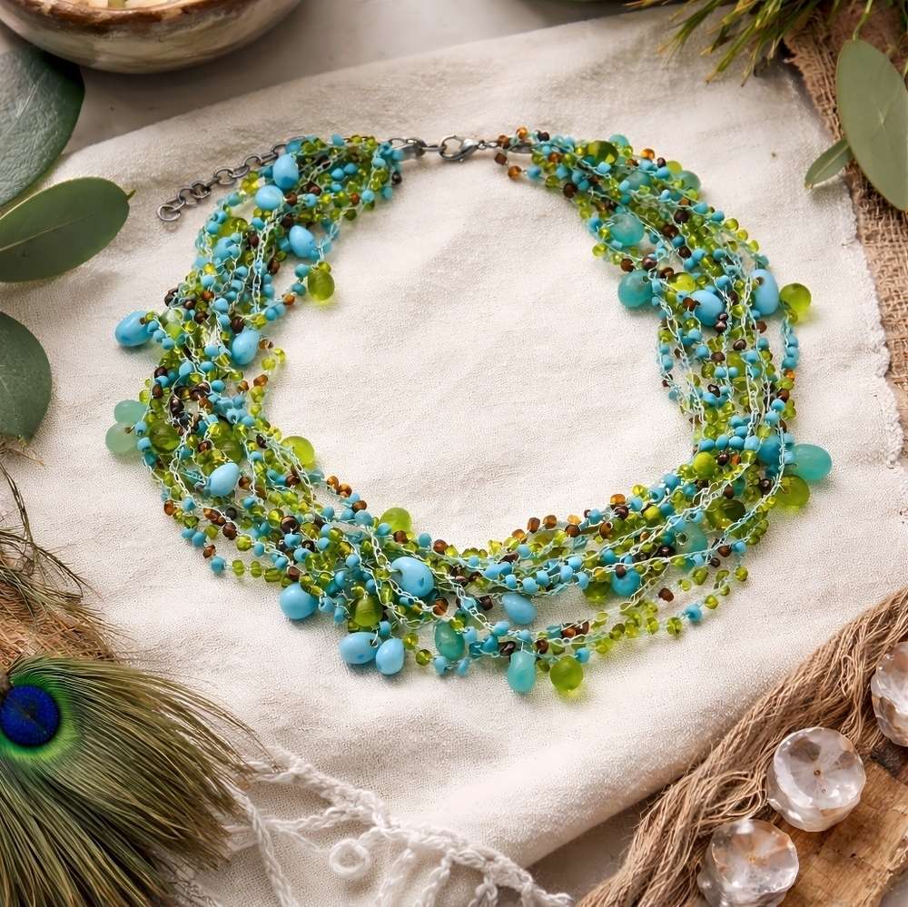 Artisanal Multistrand Blue Green Acrylic Bead Crochet Necklace Boho Mermaidcore